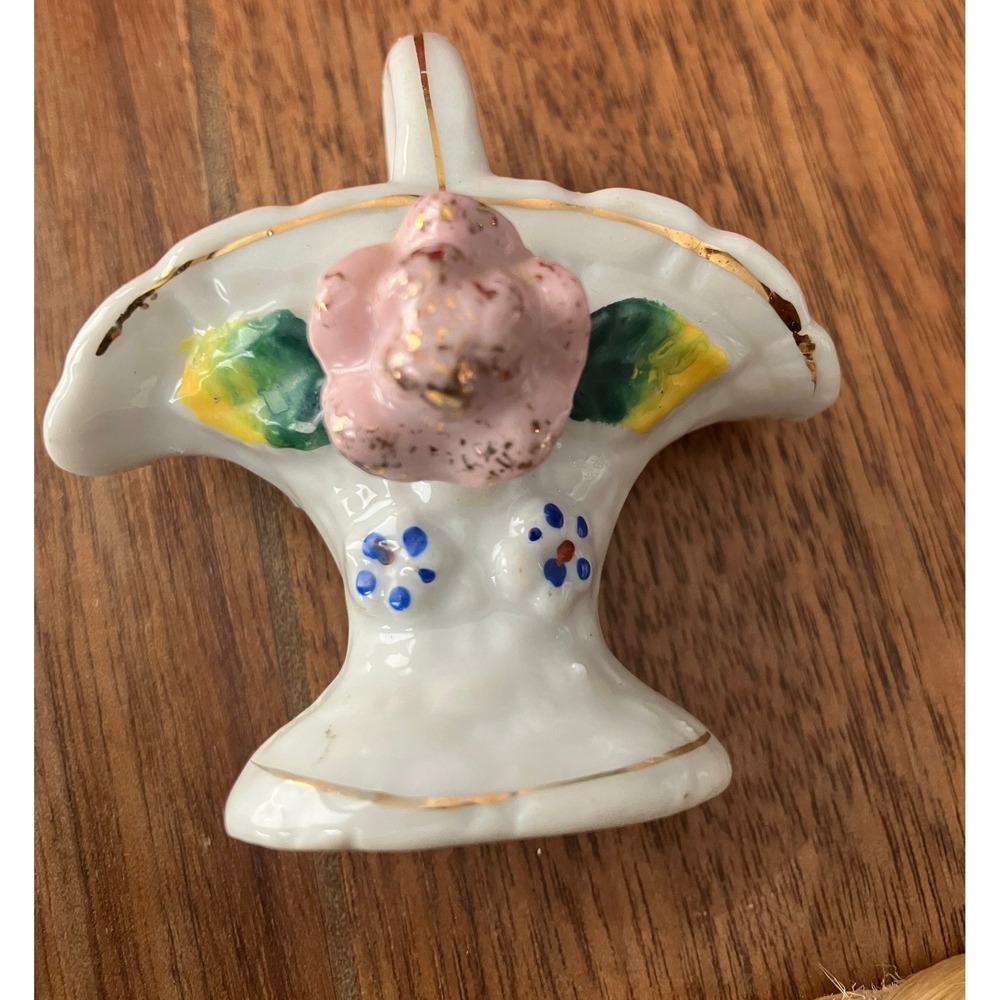 Vintage Japan Miniature Porcelain Flower Basket Pink Rose Gold Gilt Bud Vase